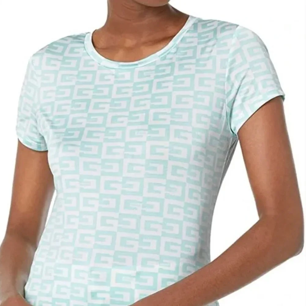 Guess | Slinky Short Sleeve G Checker Logo Top White & Pastel Turquoise | Medium